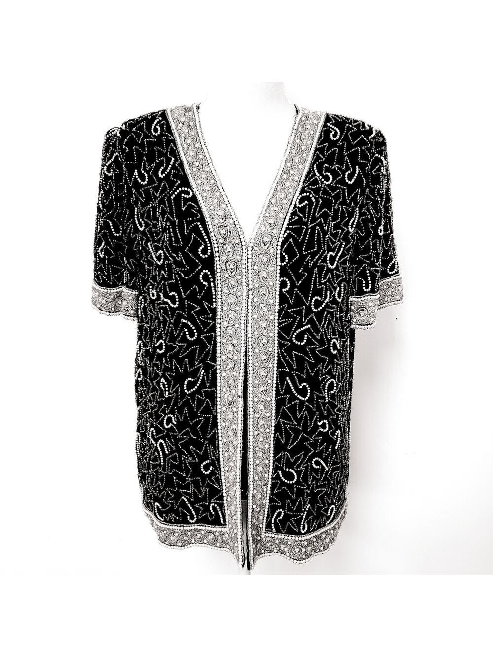 Vintage Laurence Kazer New York 100% Silk Beaded Short Sleeve Jacket XL EUC